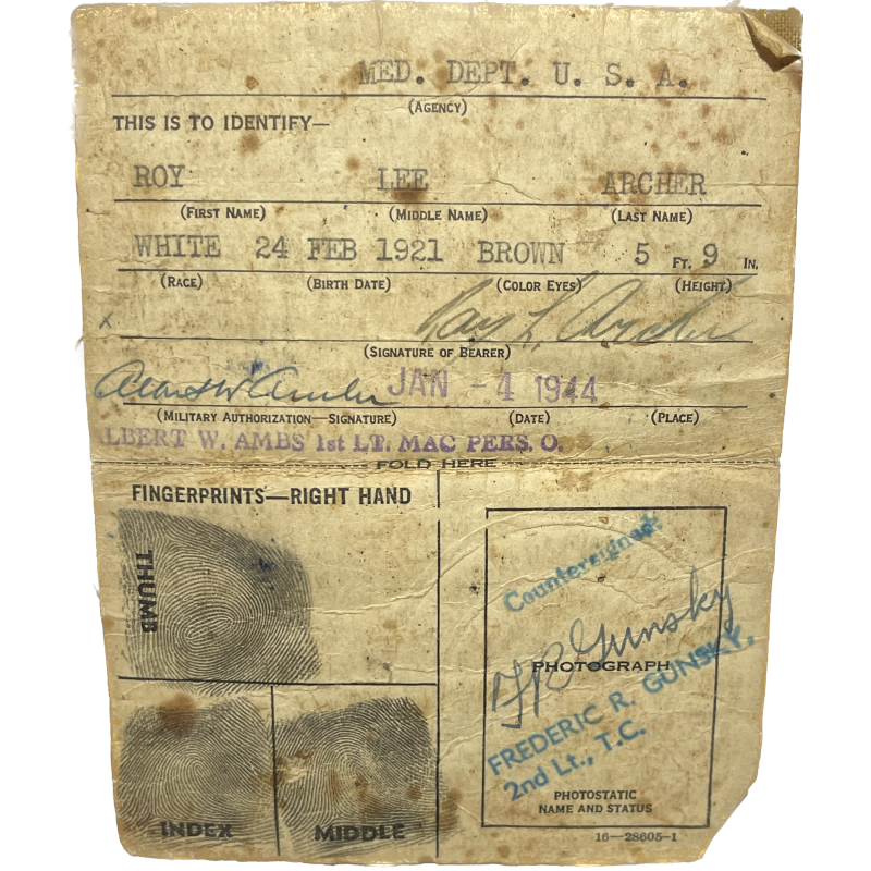 Carte d'identité médicale, 1er type, Pvt. Roy Archer, 47th General Hospital, PTO