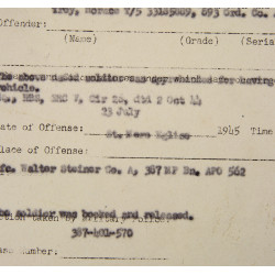 Rapport disciplinaire, T/5 Horace Frey, 893rd Ordnance Co., Sainte-Mère-Eglise, 1945