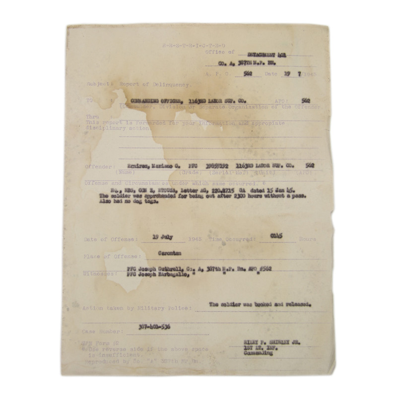 Report of Delinquency, Pfc. Mariano Ramirez, 1163rd Labor Sup. Co., Carentan, 1945