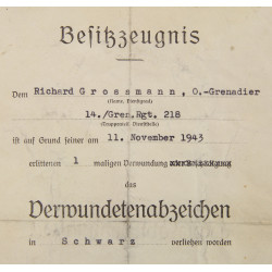 Diplôme d'attribution, insigne des blessés, Ob.Gren. Richard Grossmann, Grenadier-Regiment 218, 1943