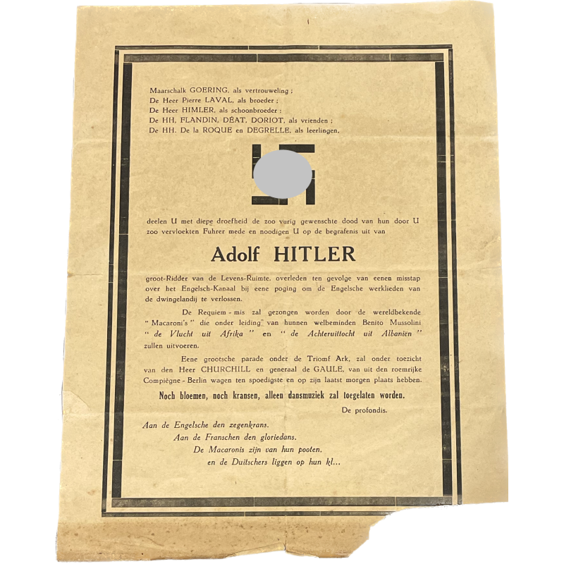 Tract, avis de décès d'Adolf Hitler