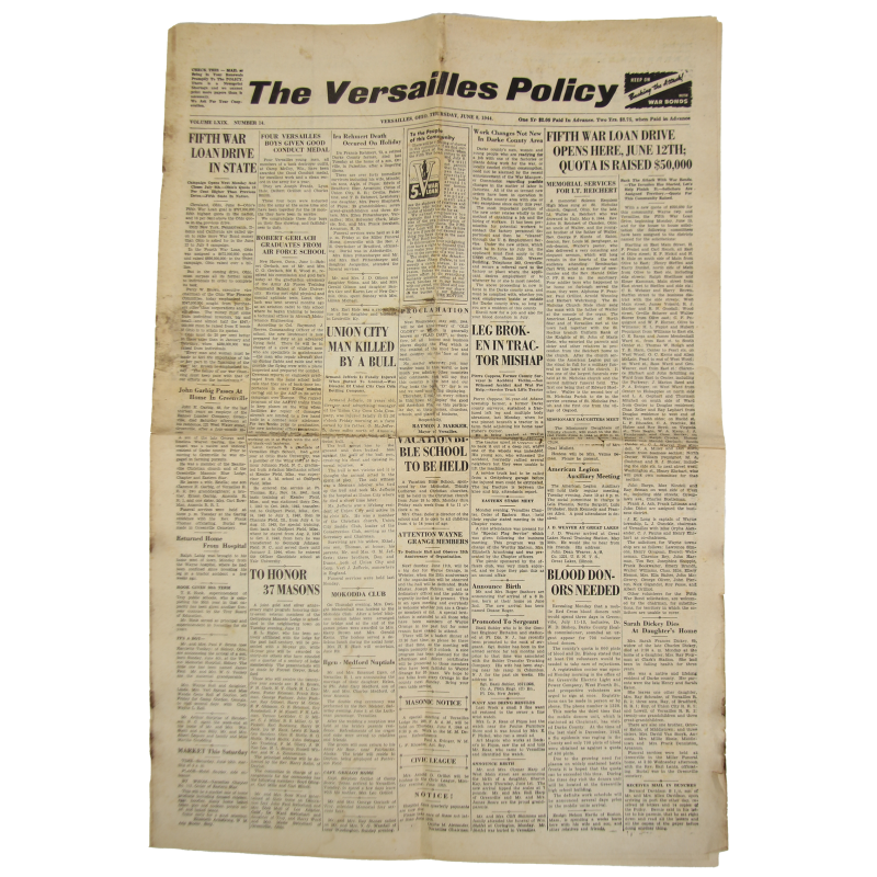 Newspaper, The Versailles Policy, June 8, 1944, 'Fifth War Loan Drive in State'