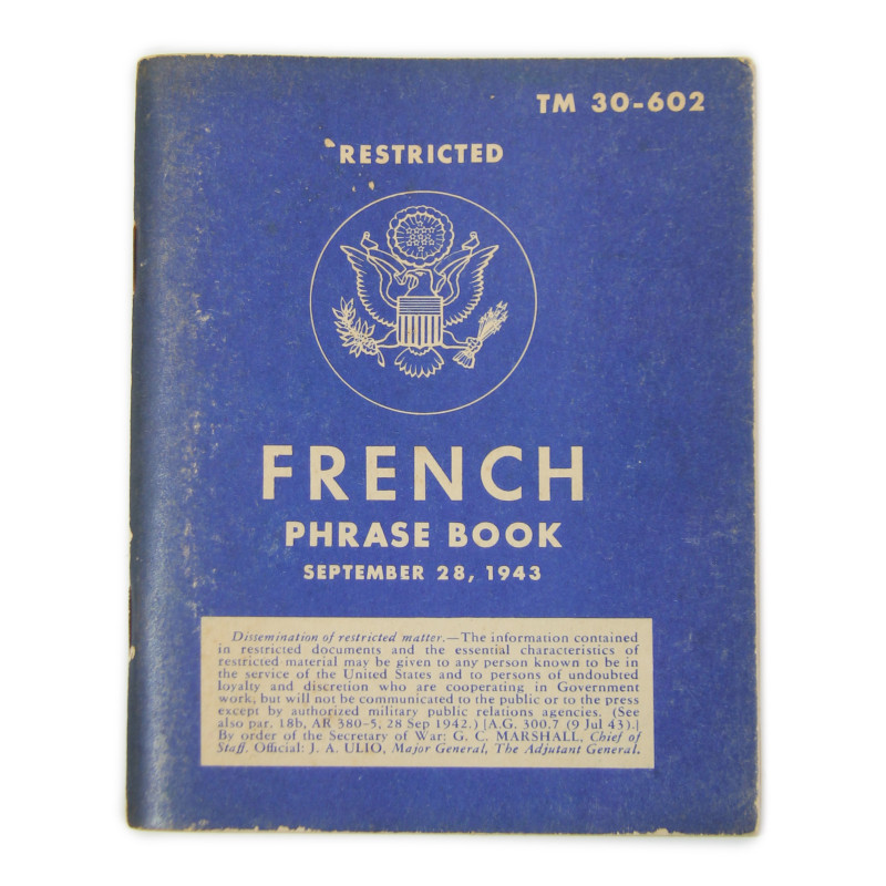 Livret, French Phrase Book, TM 30-602, 28 septembre 1943