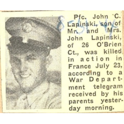 Plaque de tombe provisoire et Dog Tag, Pfc. John Lapinski, Co. F, 358th Inf. Regt., 90th Inf. Div., KIA