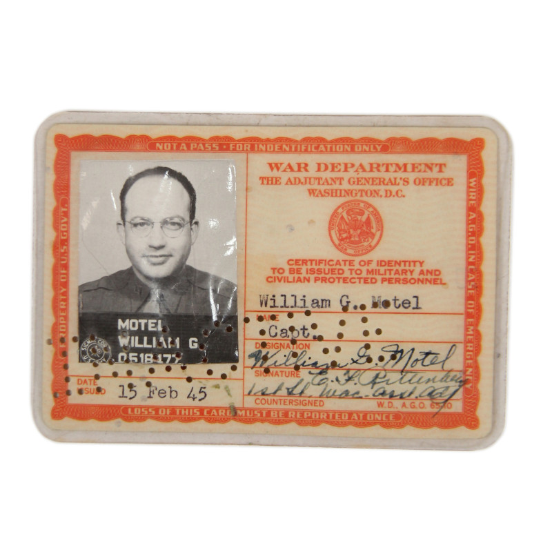 Carte d'identité médicale, 2e type, Cpt. William Motel, 1945