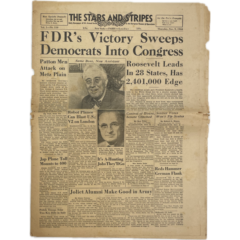 Newspaper, The Stars and Stripes, November 9, 1944, 'FDR's Victory Sweeps Democrats Into Congress'