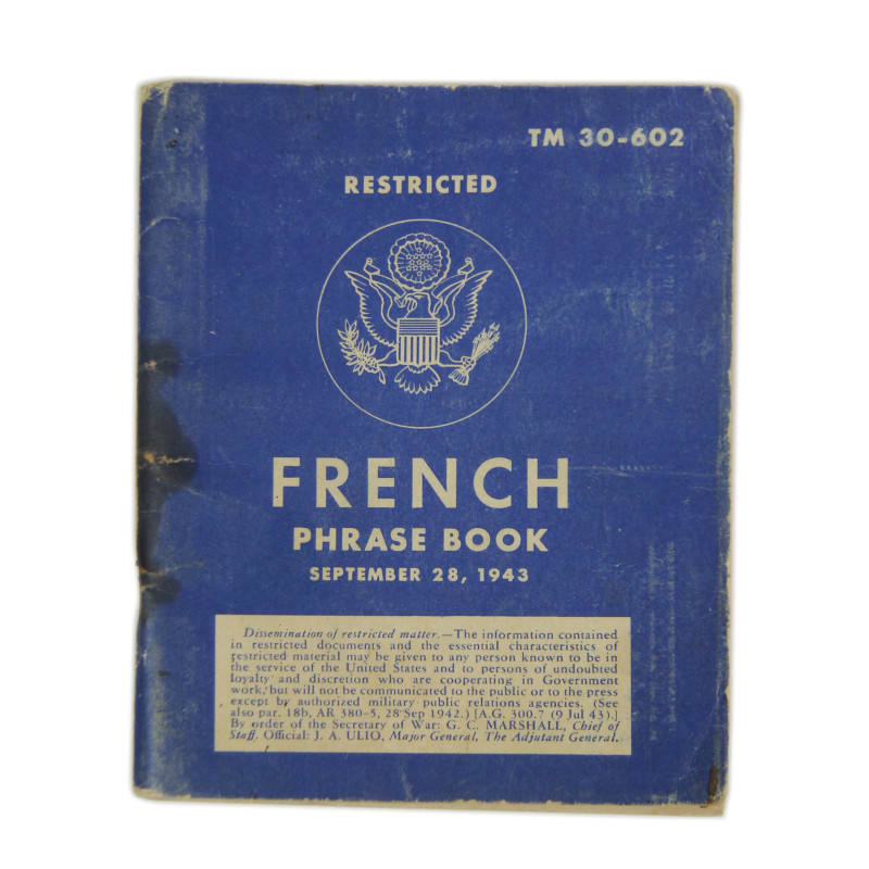 Booklet, French Phrase Book, TM 30-602, 1944