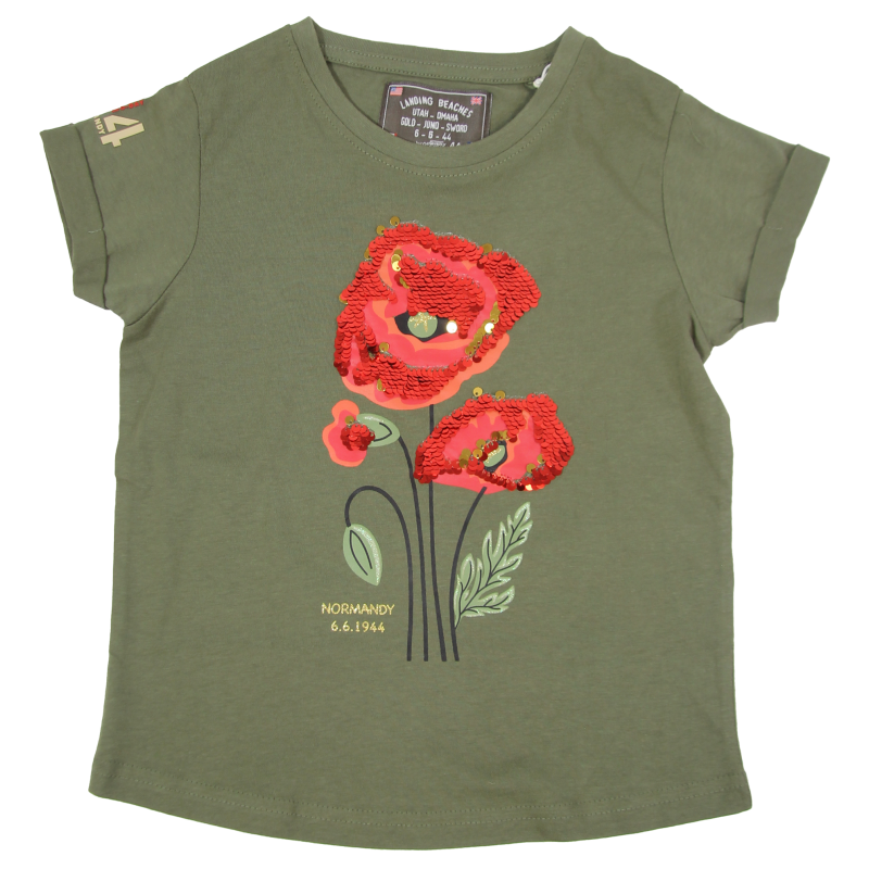 T-shirt kaki, fille, coquelicots sequins