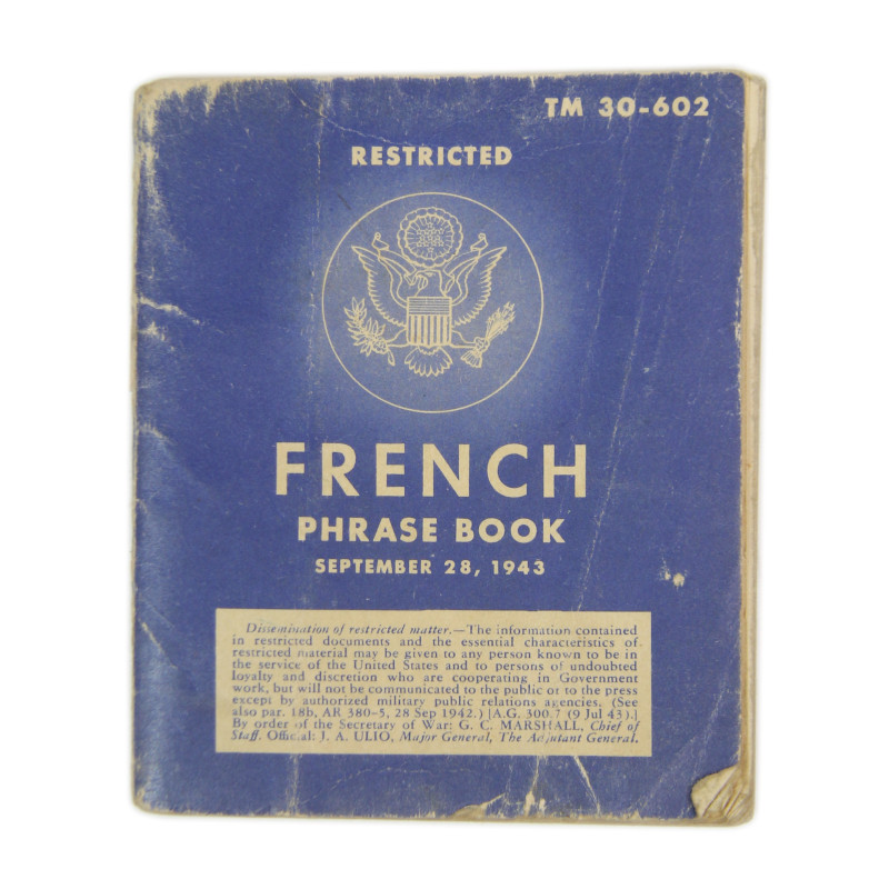 Booklet, French Phrase Book, TM 30-602, September 28, 1943, with Lodging Ticket