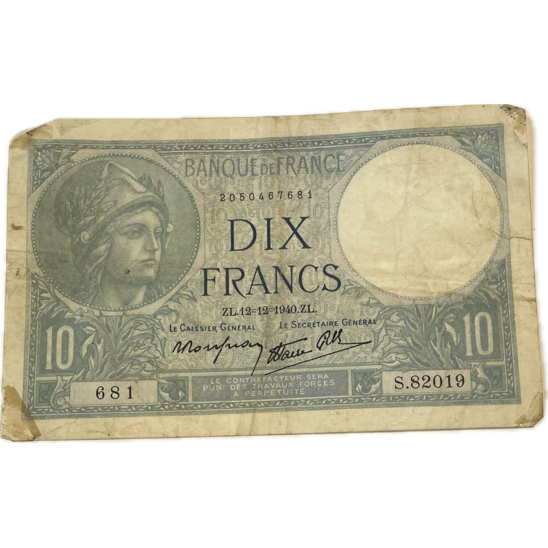 Banknote, 10 French Francs, 1940