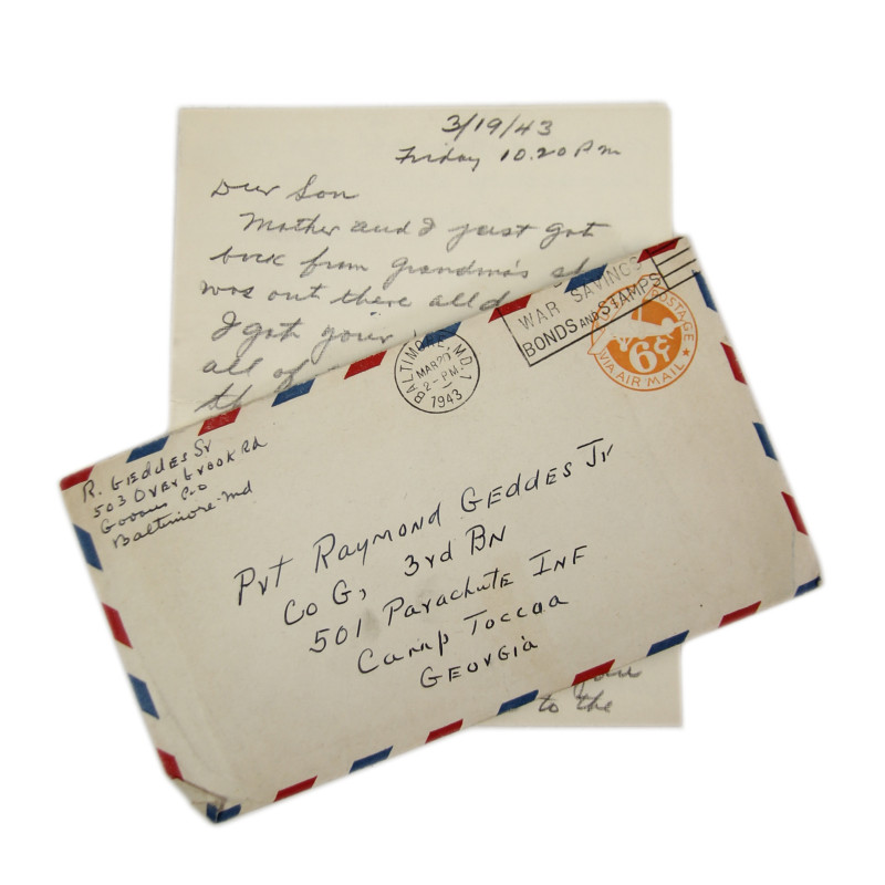 Letter, Pvt. Ray Geddes, Camp Toccoa, 501st PIR, 1943