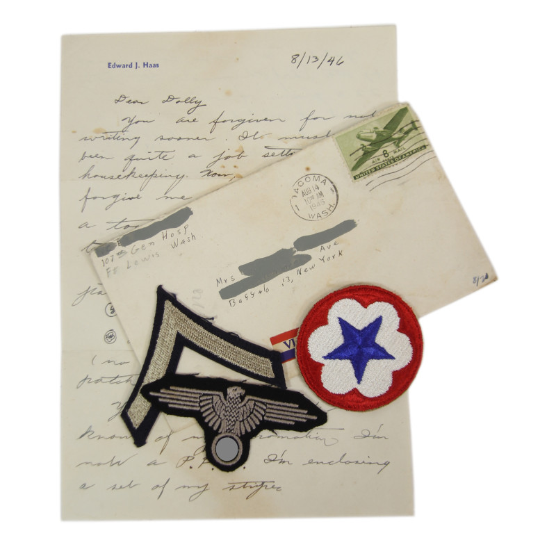 Lettre & insignes, Pfc. Edward Haas, 107th General Hospital