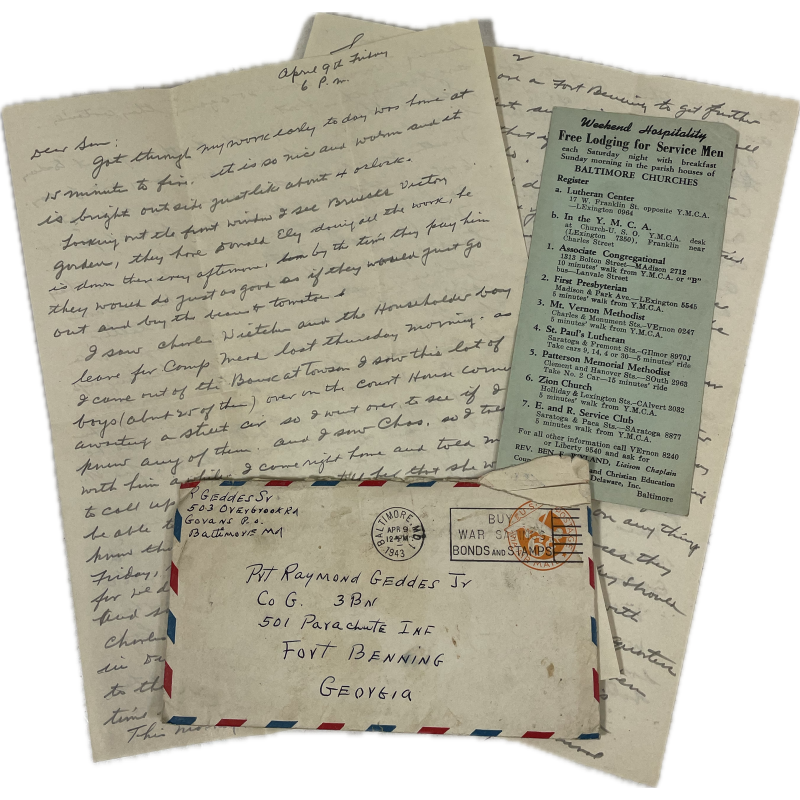 Letter, Pvt. Ray Geddes, Fort Benning, 501st PIR, 1943