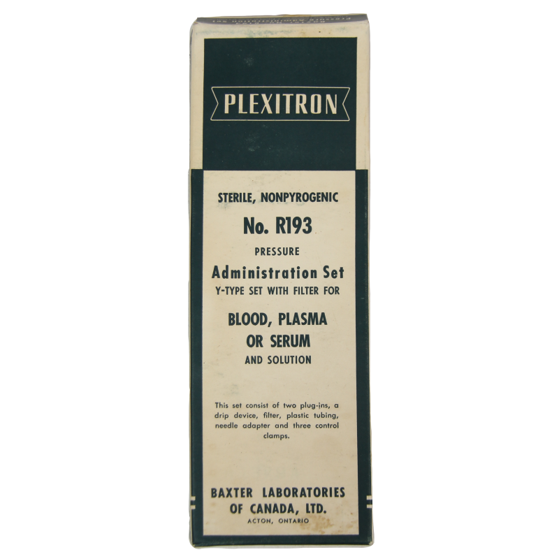 Nécessaire de perfusion, sang, plasma, sérum ou solution, No. R193, BAXTER LABORATORIES OF CANADA, LTD., dans sa boîte