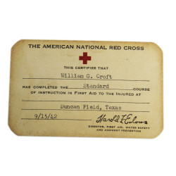 Certificat, formation de secourisme, American Red Cross, Cpl. William Croft, USAAF, 1942