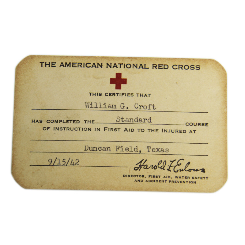 Certificate, First-Aid Course, American Red Cross, Cpl. William Croft, USAAF, 1942