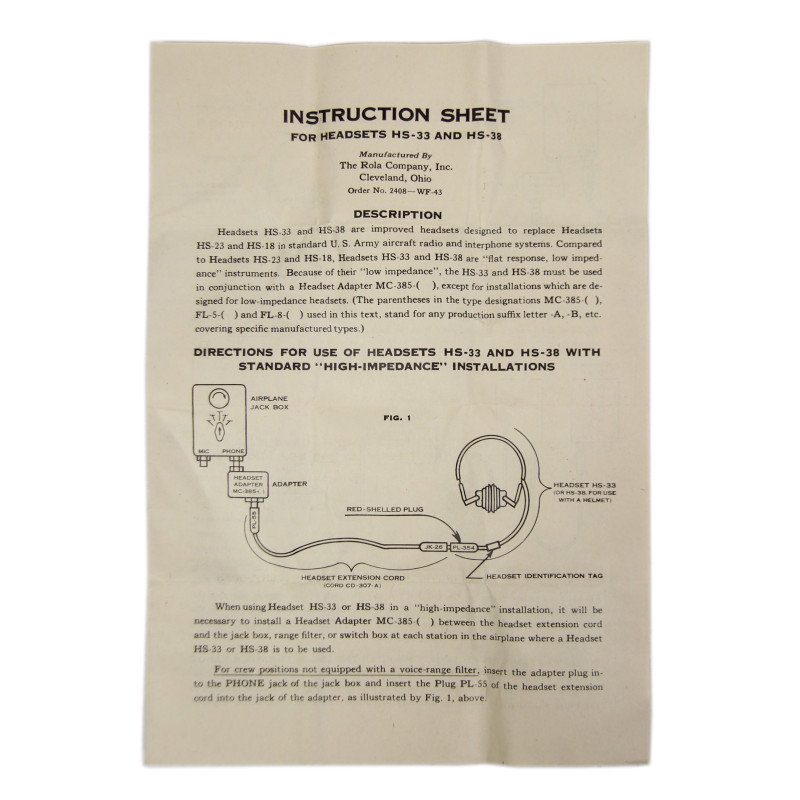 Sheet, Instruction, Headsets HS-33 & HS-38, USAAF, 1943