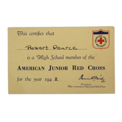 Certificat, formation de secourisme, avec carte de membre, American Red Cross, Robert Pearce, 1942-1944