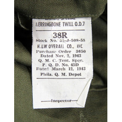 Jacket, HBT (Herringbone Twill), Special, OD 7, US Army, 38R, 1943