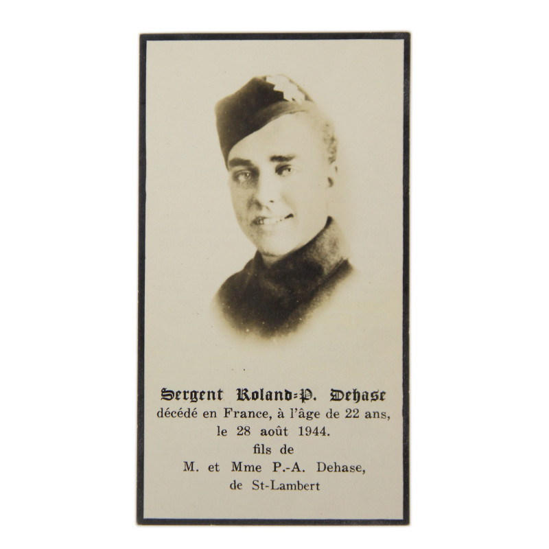 Remembrance Card, Sgt. Roland Dehase, The Black Watch (Royal Highland Regiment) of Canada, DOW August 28, 1944, Normandy