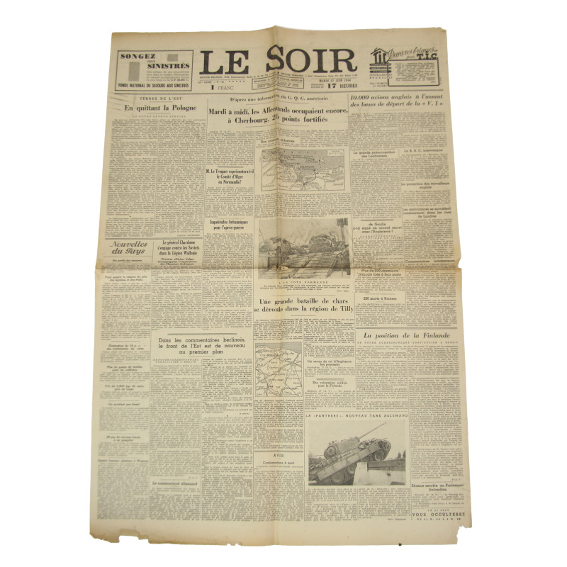 Newspaper, Belgian, Le Soir, June 27, 1944