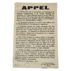 Affiche allemande, procédures d'indemnisation des réquisitions, Feldkommandantur 682, Namur, 1941