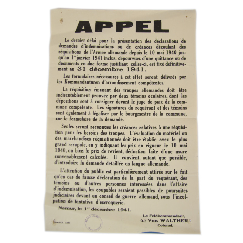 Affiche allemande, procédures d'indemnisation des réquisitions, Feldkommandantur 682, Namur, 1941