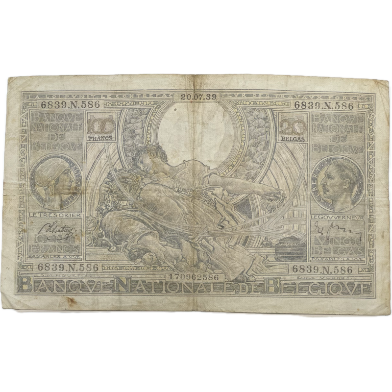 Banknote, 100 Belgian Francs, 1939