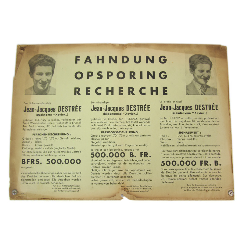 Notice, Wanted, German, Jean-Jacques Destrée, Militärbefehlshaber in Belgien und Nord-Frankreich