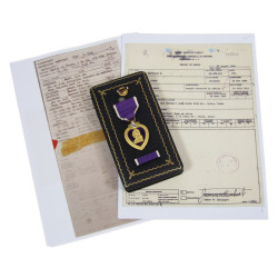 Coffret médaille Purple Heart, Pfc. Bertrand Bay, Hq. Co., 741st Tank Bn., DOW, Saint-Lô, 14 juillet 1944