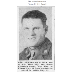 Medal, Purple Heart, Pfc. Bertrand Bay, Hq. Co., 741st Tank Bn., DOW, Hill 192, Saint-Lô, July 14, 1944