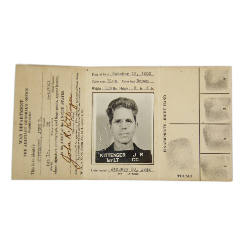 Carte d'identité, 1er type, 1st Lt. John Kittenger, Chaplain, USAAF, 1942