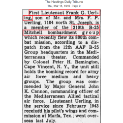 Cap, Visor, Officer, US Army, 1st Lt. Frank Uerling, 379th BS, 310th BG, 12th Air Force, USAAF, KIA March 30, 1945, Italy