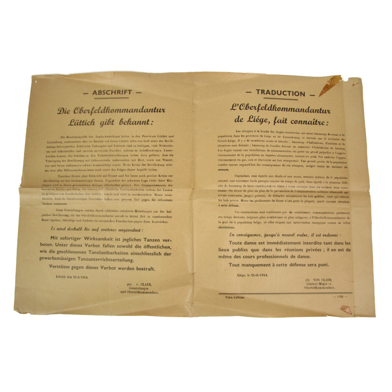 Poster, German, Public Notification, Oberfeldkommandantur 589, Liège, Belgium, 1944