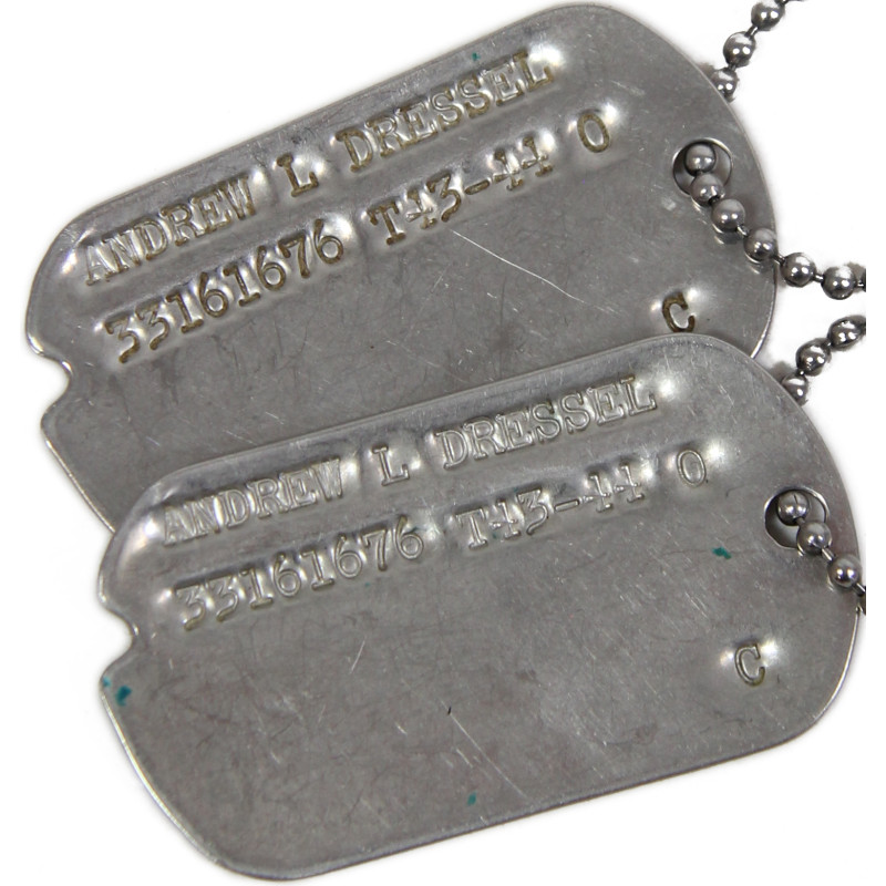 Dog Tags, T/4 Andrew Dressel, Medical Detachment, 630th Tank Destroyer Bn., Injured, ETO