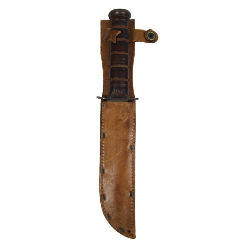 Knife, Fighting, MK 2, KA-BAR, OLEAN, N.Y., with Leather Scabbard, BOYT -43-, Pvt. Robert Hoem