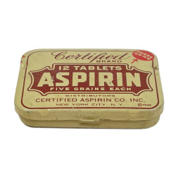 Boîte de pilules d'aspirine, CERTIFIED ASPIRIN CO. INC. 1939