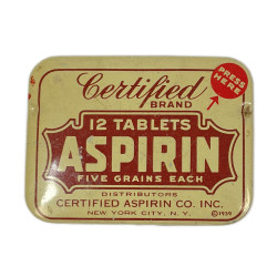 Boîte de pilules d'aspirine, CERTIFIED ASPIRIN CO. INC. 1939