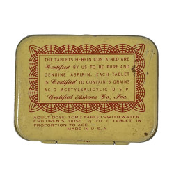 Boîte de pilules d'aspirine, CERTIFIED ASPIRIN CO. INC. 1939