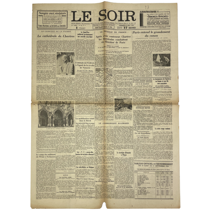 Newspaper, Belgian, Le Soir, August 18, 1944