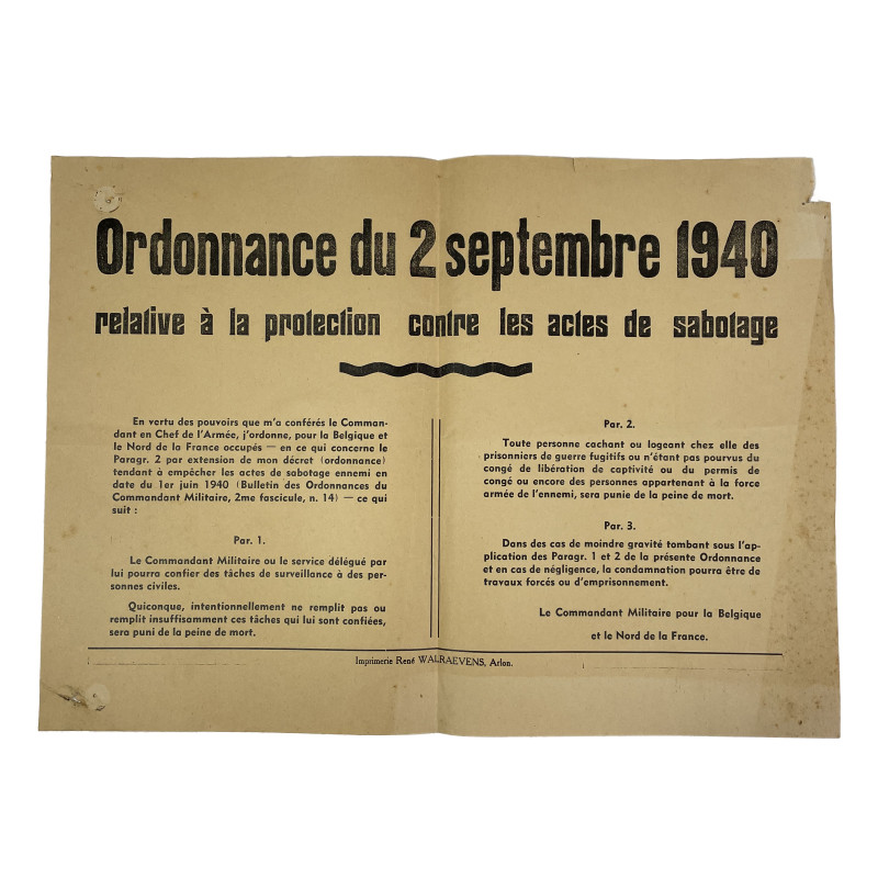 Affiche allemande, Ordonnance du 2 septembre 1940, Militärbefehlshaber in Belgien und Nord-Frankreich