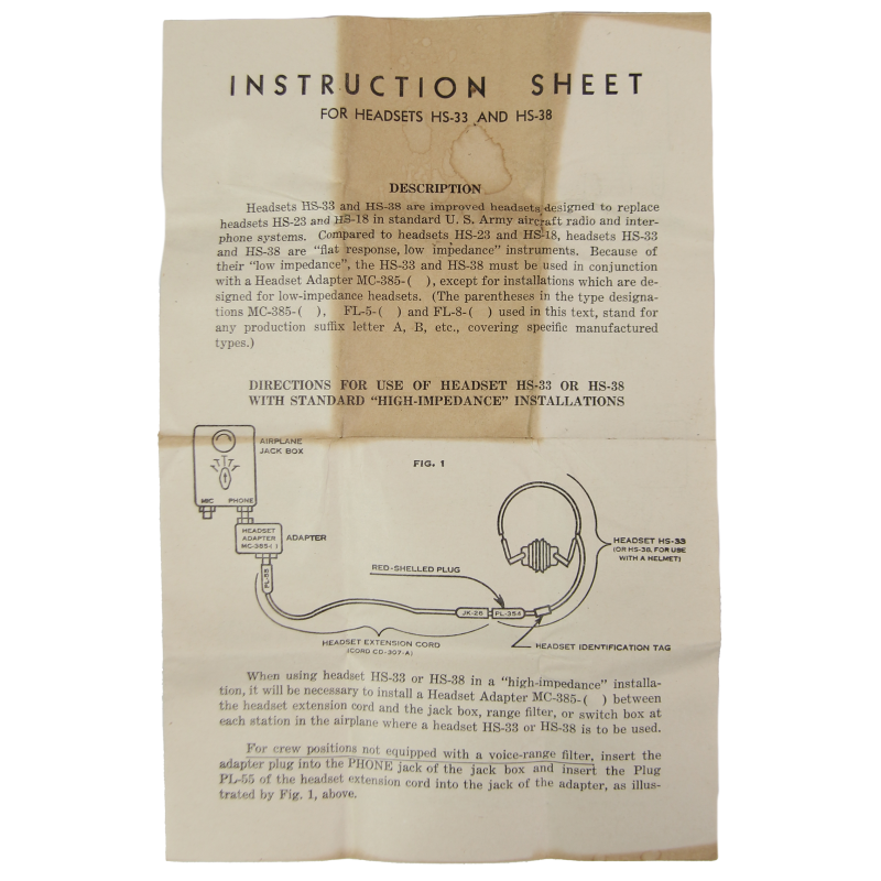 Notice pour écouteurs HS-33 & HS-38, USAAF