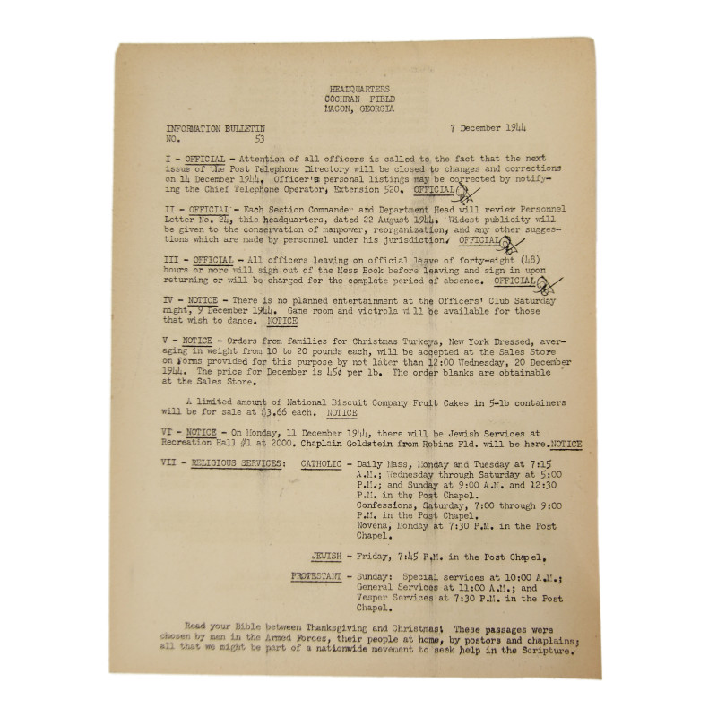 Document dactylographié, Information Bulletin No. 53, Cochran Field, USAAF, 7 décembre 1944