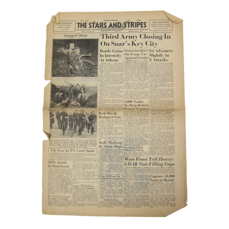 Newspaper, The Stars and Stripes, December 8, 1944, 'Third Army Closing In On Saar's Key City'