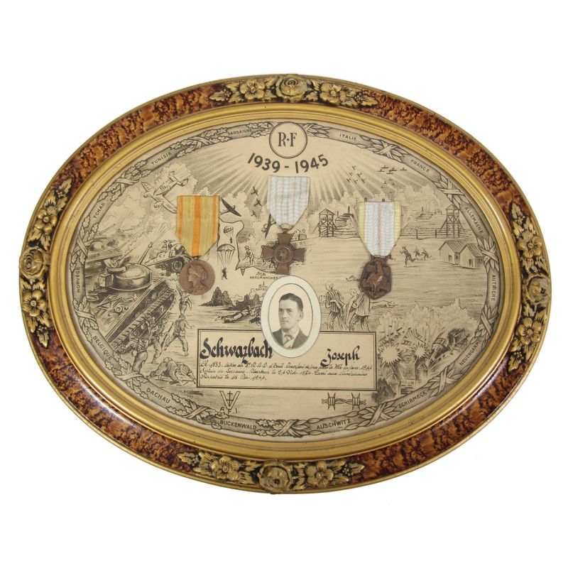 Frame, Commemorative Certificate, with Medals, Joseph Schwarzbach, 'Malgré-nous', Escapee