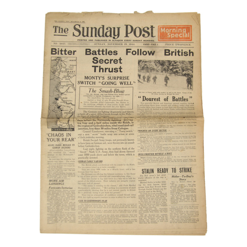 Journal britannique, The Sunday Post, 19 novembre 1944, "Bitter Battles Follow British Secret Thrust"