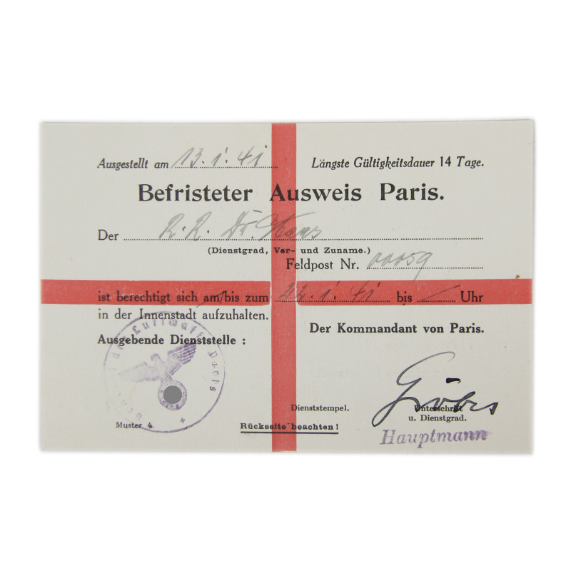 Pass, Temporary, Befristeter Ausweis Paris, Luftwaffe, 1941