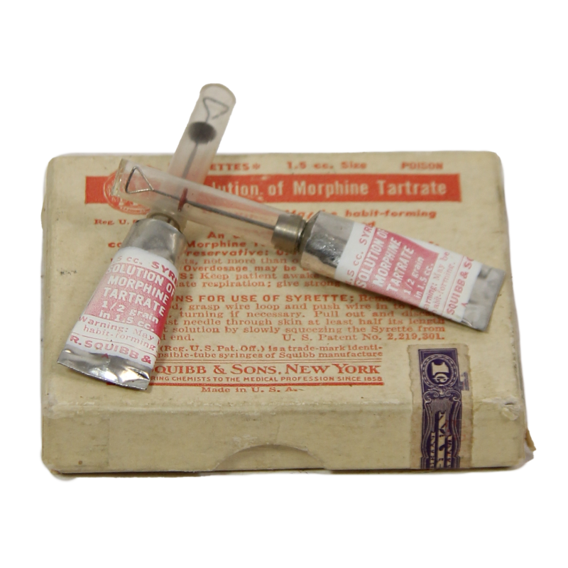 Boîte de 5 syrettes de morphine, USAMD, Item No. 9115500, 1942