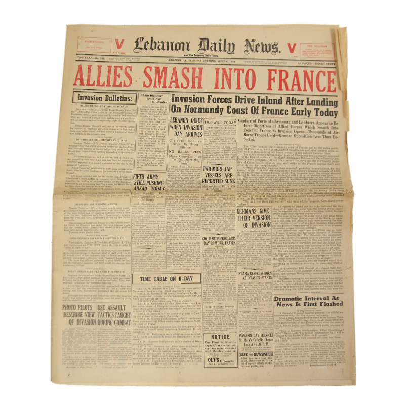 Newspaper, Lebanon Daily News, June 6, 1944, 'Allies Smash Into France'