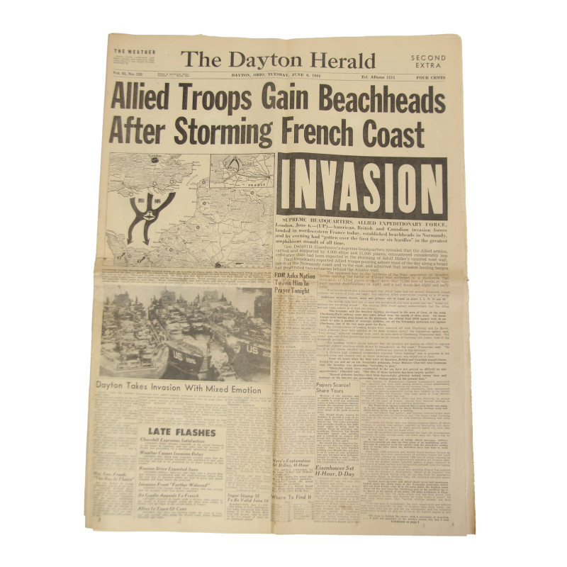 Newspaper, The Dayton Herald, June 6, 1944, 'Allied Troops Gain Beachheads After Storming French Coast'